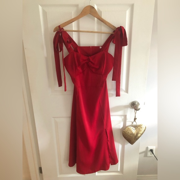 ✨NEW - Sweetheart Neckline Tie Strap Slit Sleeveless Midi Party Cocktail Dress - Picture 6 of 12